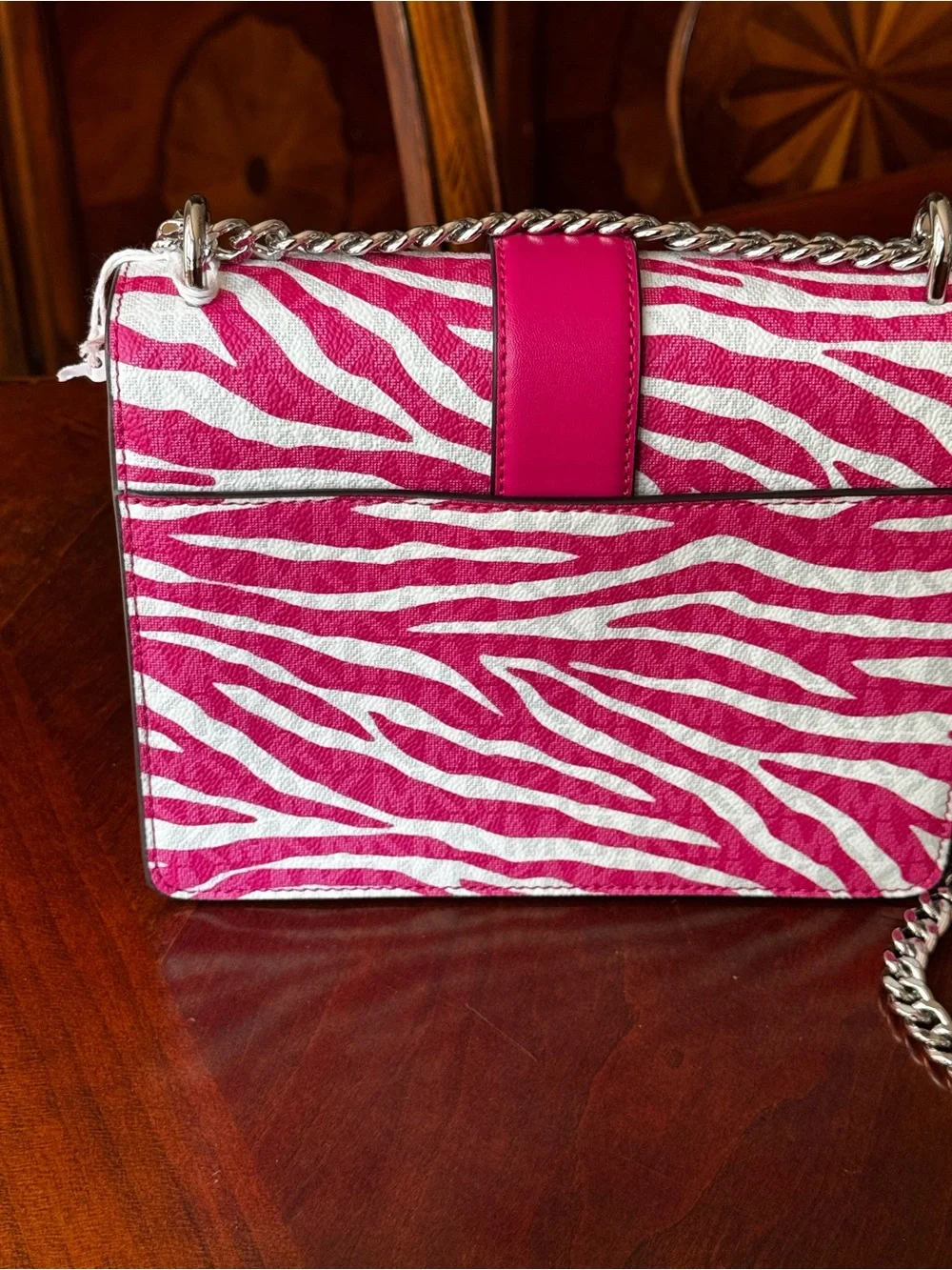 MICHAEL KORS Hot Pink and White Zebra Print Chain Crossbody